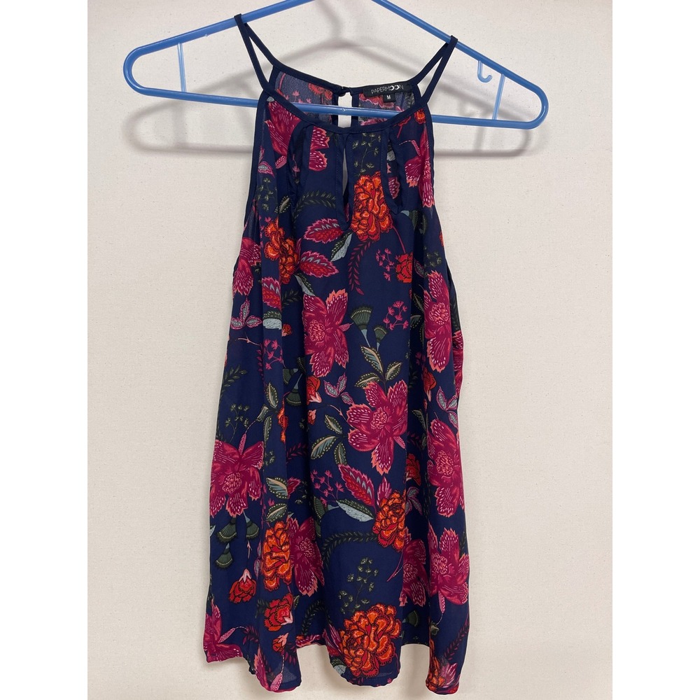 Papermoon Navy Floral Halter Top Keyhole Neck Sleeveless Blouse Medium